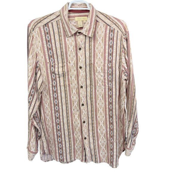Territory Ahead XL Button-Up Long-Sleeve Men’s Shirt Beige/Burgundy 100% Cotton - Picture 1 of 6